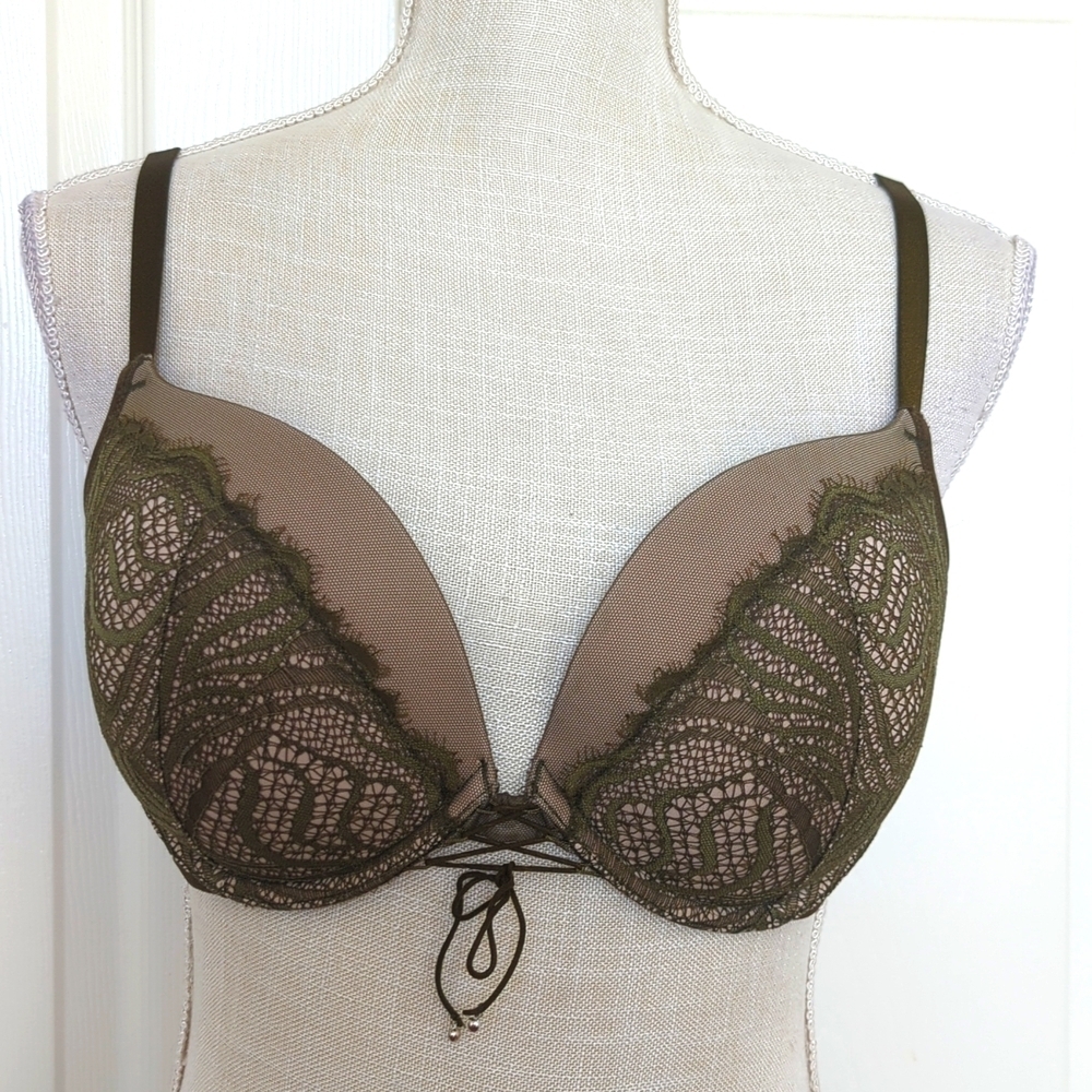 Victoria's Secret Bra Very Sexy Push-Up Pigeonnant Olive Green Lace Bra 36D